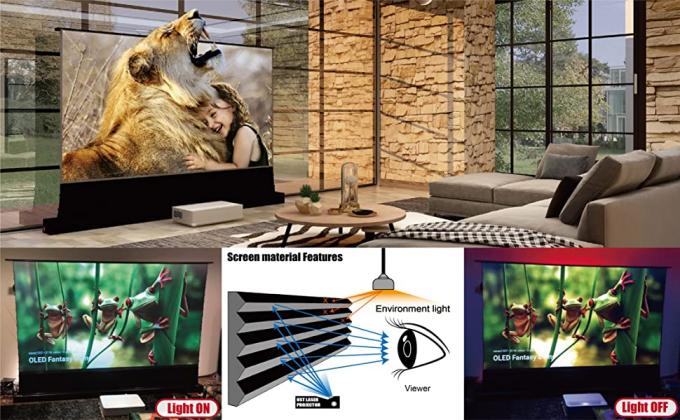 150-Inch Floor Rising ALR Projection Screen Motorized untuk UST Projector, Retraktable Ambient Light Rejecting Display 0
